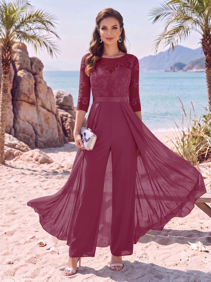 Jumpsuit Scoop Half Sleeves Floor-Length Mother of the Bride Dresses with Applique