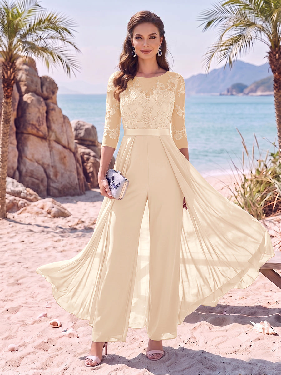 Jumpsuit Scoop Half Sleeves Floor-Length Mother of the Bride Dresses with Applique
