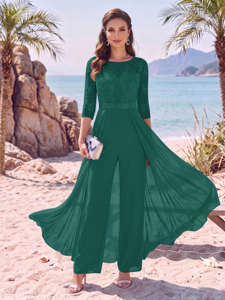 Jumpsuit Scoop Half Sleeves Floor-Length Mother of the Bride Dresses with Applique