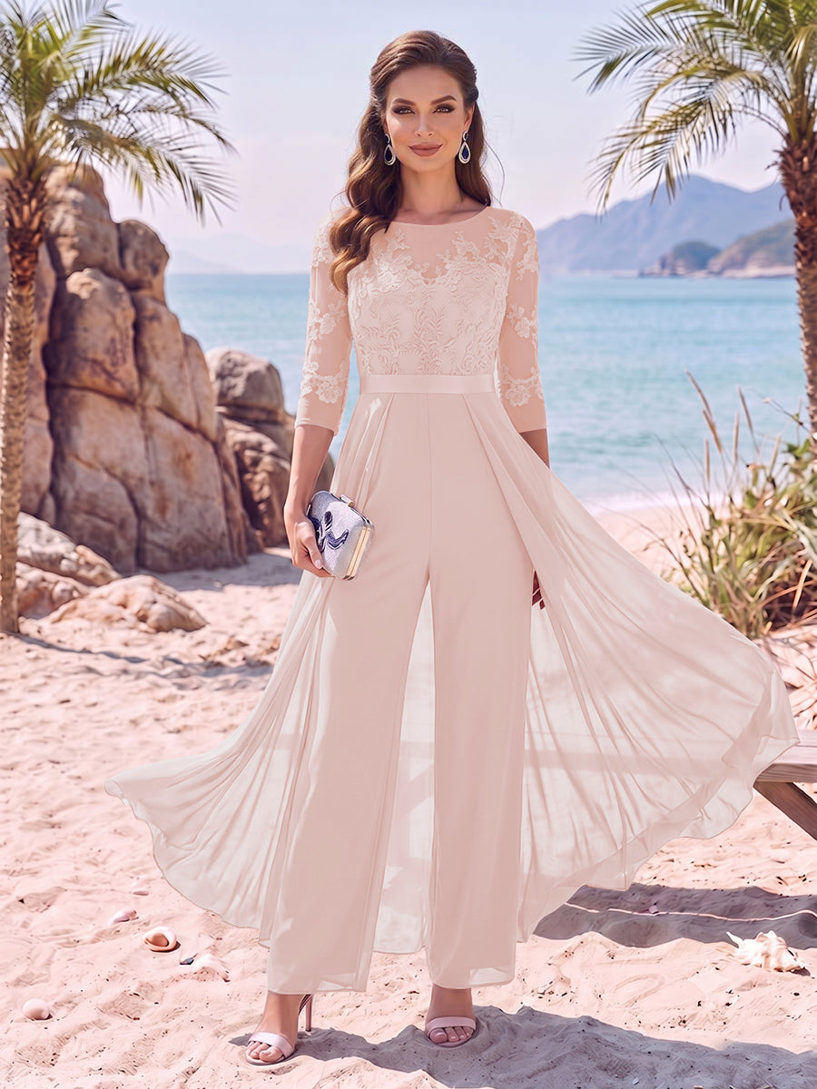 Jumpsuit Scoop Half Sleeves Floor-Length Mother of the Bride Dresses with Applique