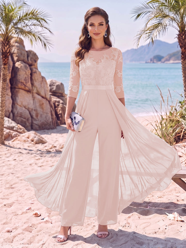 Jumpsuit Scoop Half Sleeves Floor-Length Mother of the Bride Dresses with Applique
