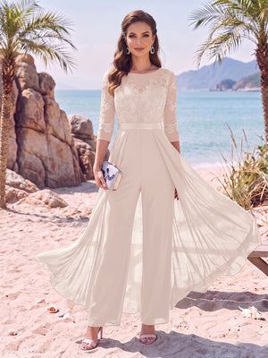 Jumpsuit Scoop Half Sleeves Floor-Length Mother of the Bride Dresses with Applique
