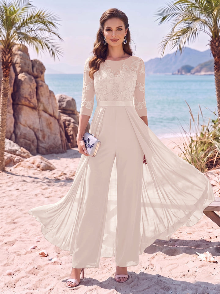 Jumpsuit Scoop Half Sleeves Floor-Length Mother of the Bride Dresses with Applique