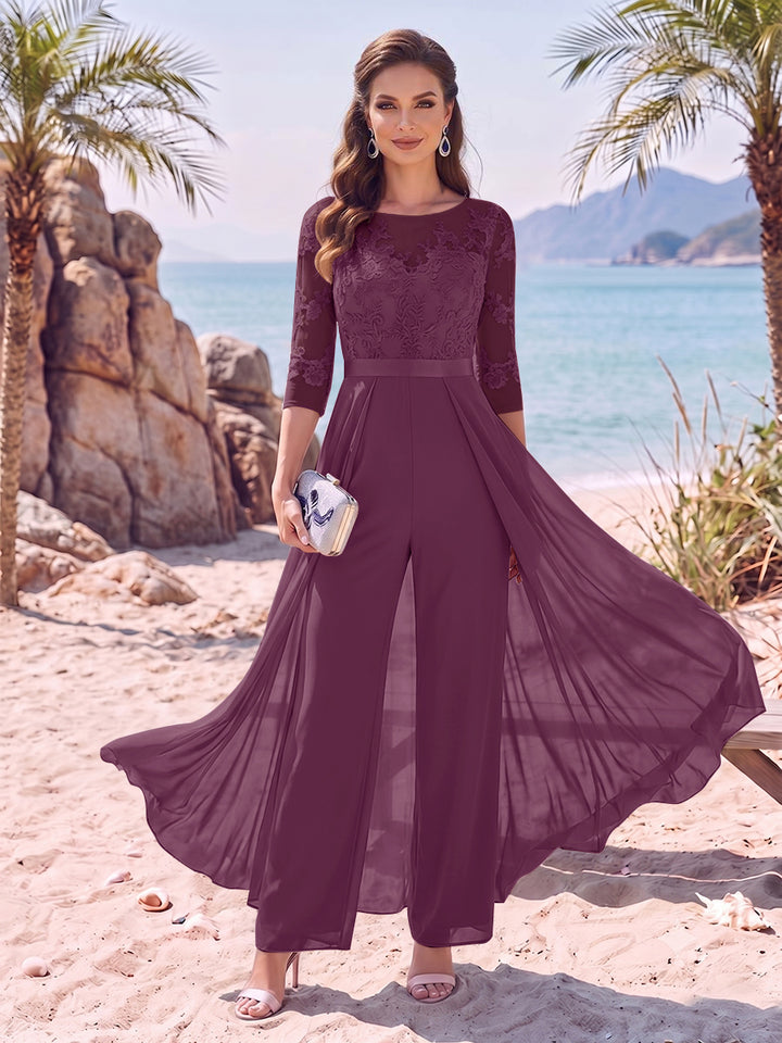 Jumpsuit Scoop Half Sleeves Floor-Length Mother of the Bride Dresses with Applique