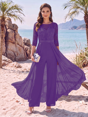 Jumpsuit Scoop Half Sleeves Floor-Length Mother of the Bride Dresses with Applique