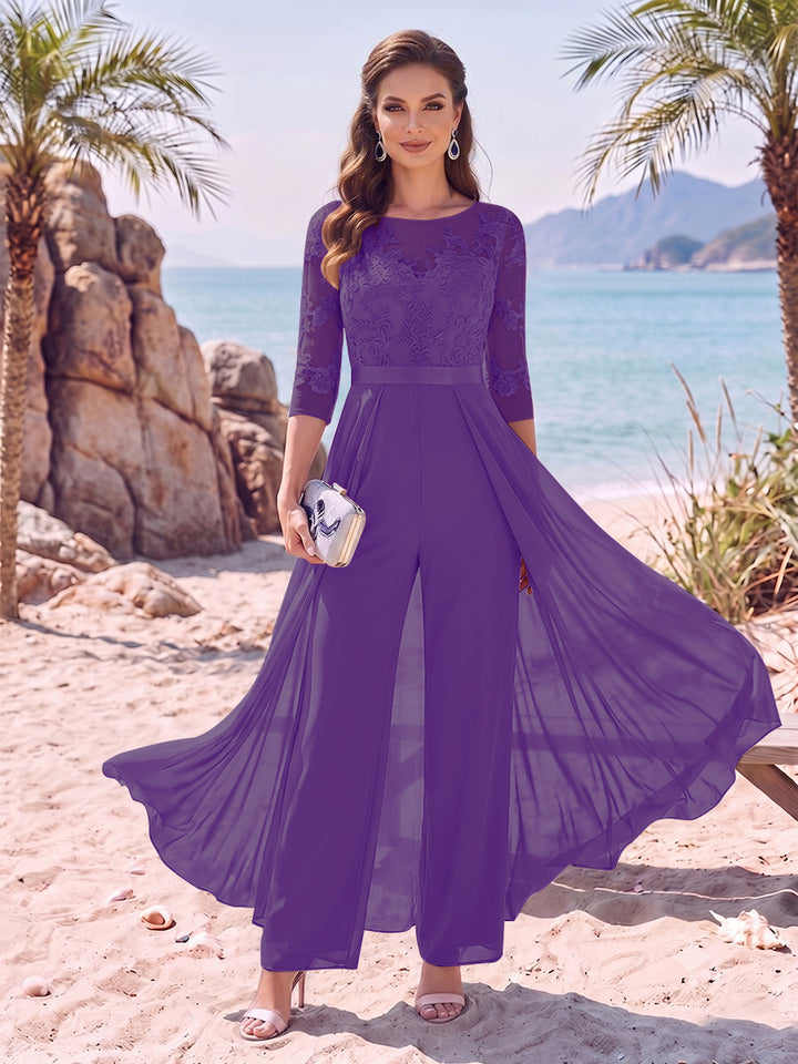 Jumpsuit Scoop Half Sleeves Floor-Length Mother of the Bride Dresses with Applique