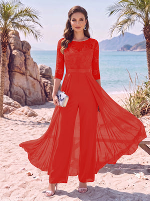 Jumpsuit Scoop Half Sleeves Floor-Length Mother of the Bride Dresses with Applique