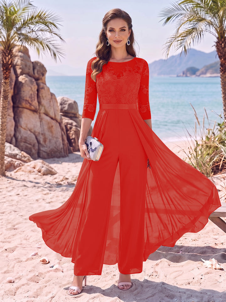 Jumpsuit Scoop Half Sleeves Floor-Length Mother of the Bride Dresses with Applique