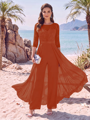 Jumpsuit Scoop Half Sleeves Floor-Length Mother of the Bride Dresses with Applique