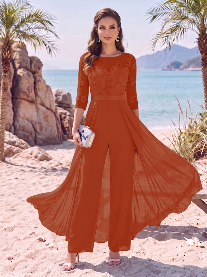 Jumpsuit Scoop Half Sleeves Floor-Length Mother of the Bride Dresses with Applique