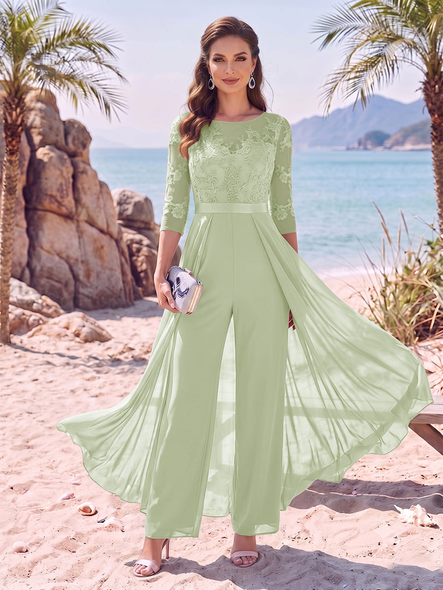 Jumpsuit Scoop Half Sleeves Floor-Length Mother of the Bride Dresses with Applique
