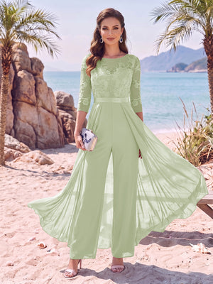 Jumpsuit Scoop Half Sleeves Floor-Length Mother of the Bride Dresses with Applique