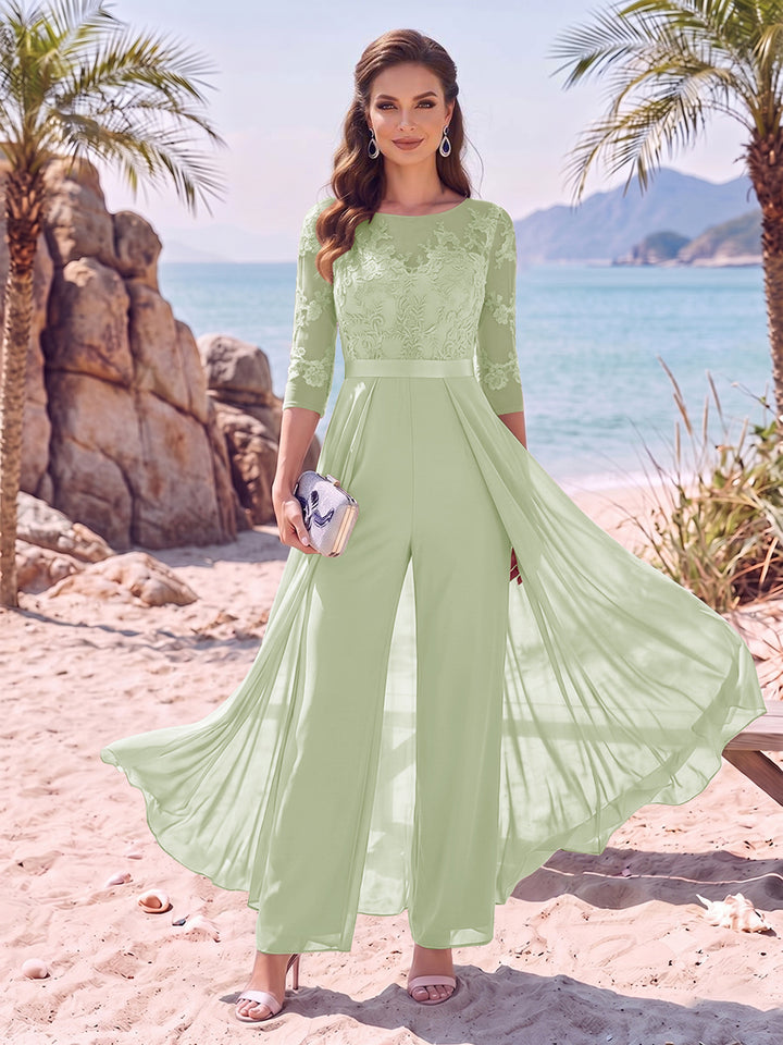 Jumpsuit Scoop Half Sleeves Floor-Length Mother of the Bride Dresses with Applique