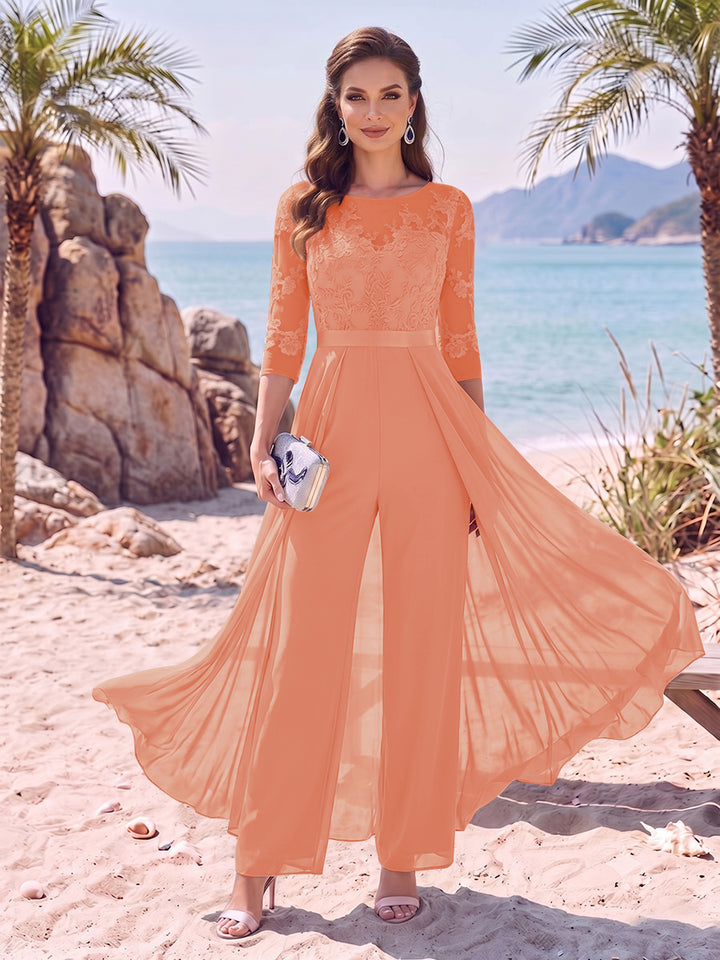 Jumpsuit Scoop Half Sleeves Floor-Length Mother of the Bride Dresses with Applique