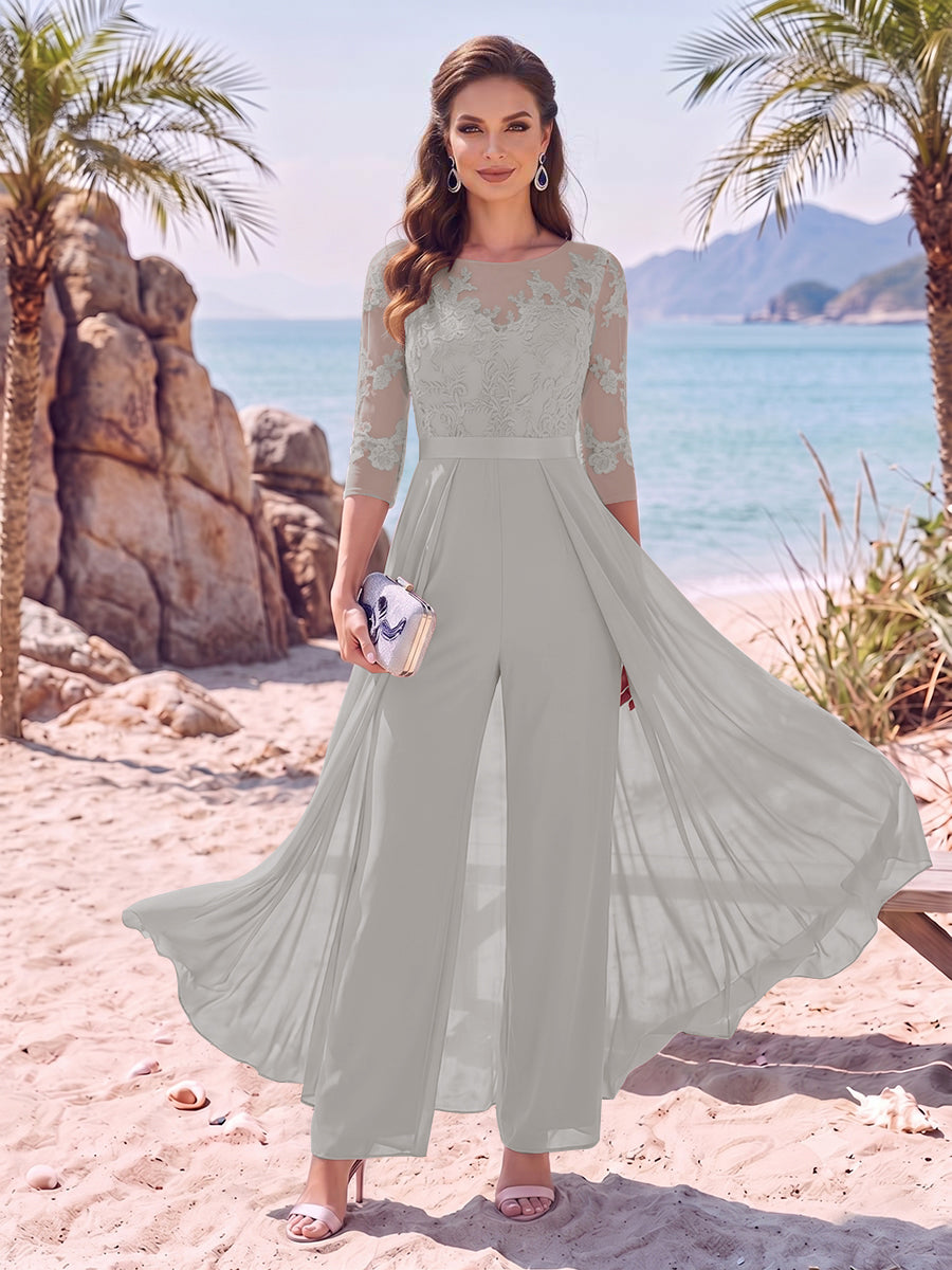 Jumpsuit Scoop Half Sleeves Floor-Length Mother of the Bride Dresses with Applique