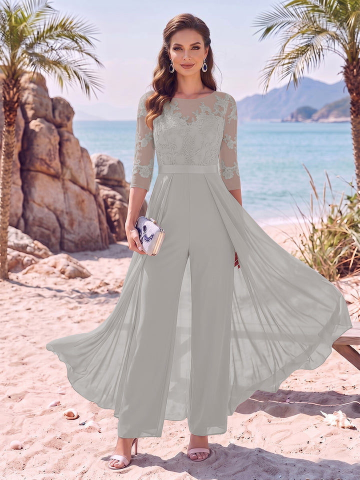 Jumpsuit Scoop Half Sleeves Floor-Length Mother of the Bride Dresses with Applique