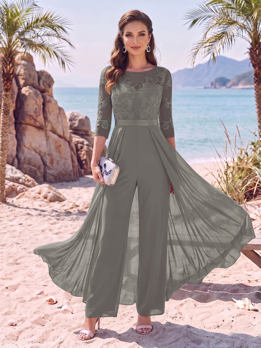 Jumpsuit Scoop Half Sleeves Floor-Length Mother of the Bride Dresses with Applique