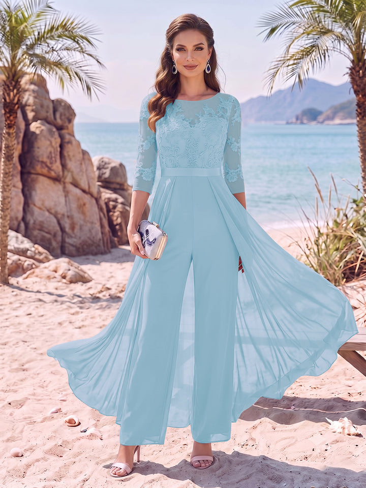 Jumpsuit Scoop Half Sleeves Floor-Length Mother of the Bride Dresses with Applique