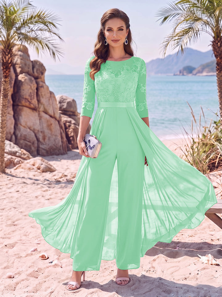 Jumpsuit Scoop Half Sleeves Floor-Length Mother of the Bride Dresses with Applique