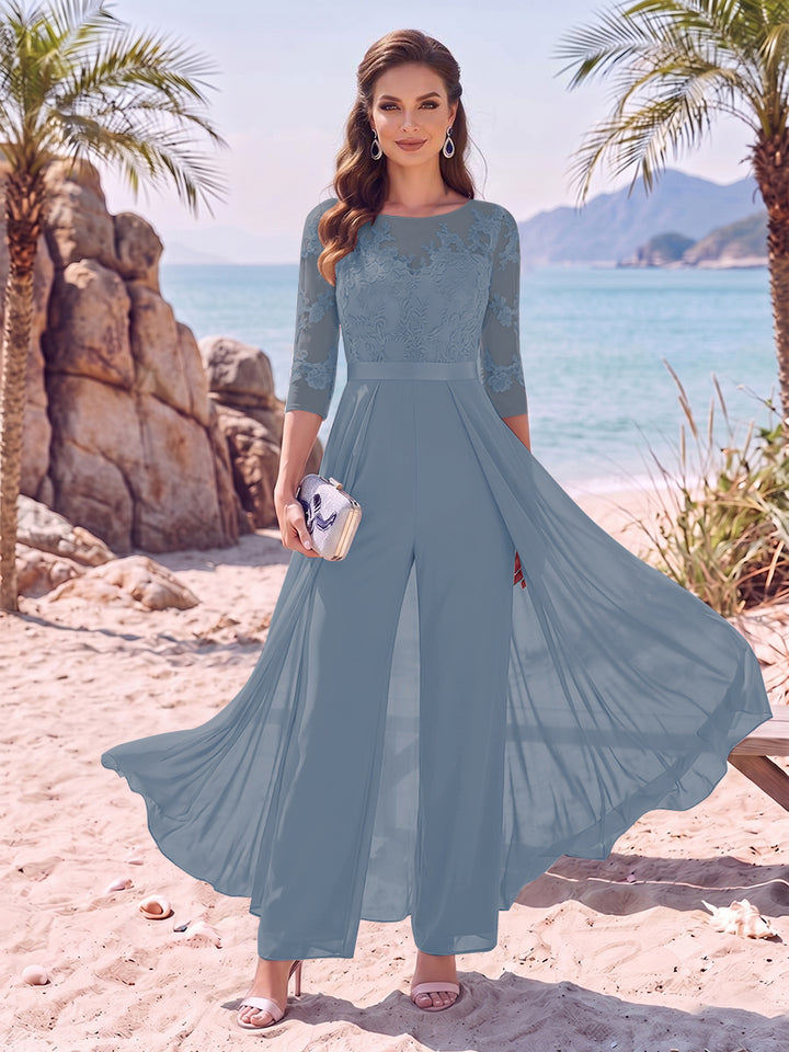 Jumpsuit Scoop Half Sleeves Floor-Length Mother of the Bride Dresses with Applique