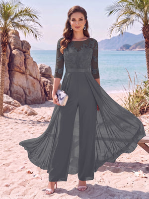 Jumpsuit Scoop Half Sleeves Floor-Length Mother of the Bride Dresses with Applique