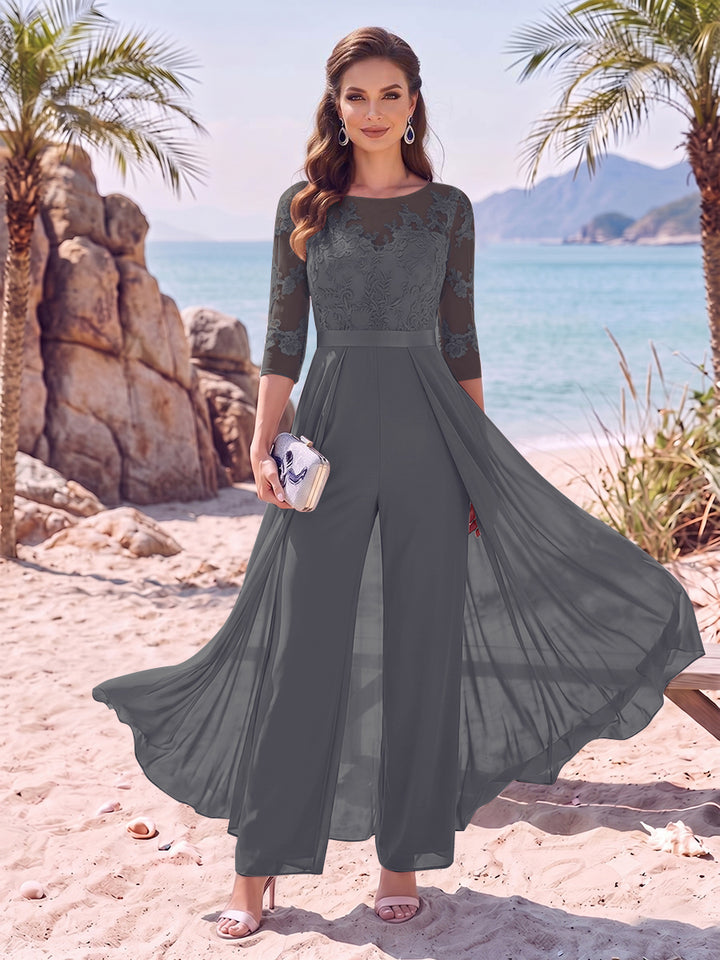 Jumpsuit Scoop Half Sleeves Floor-Length Mother of the Bride Dresses with Applique