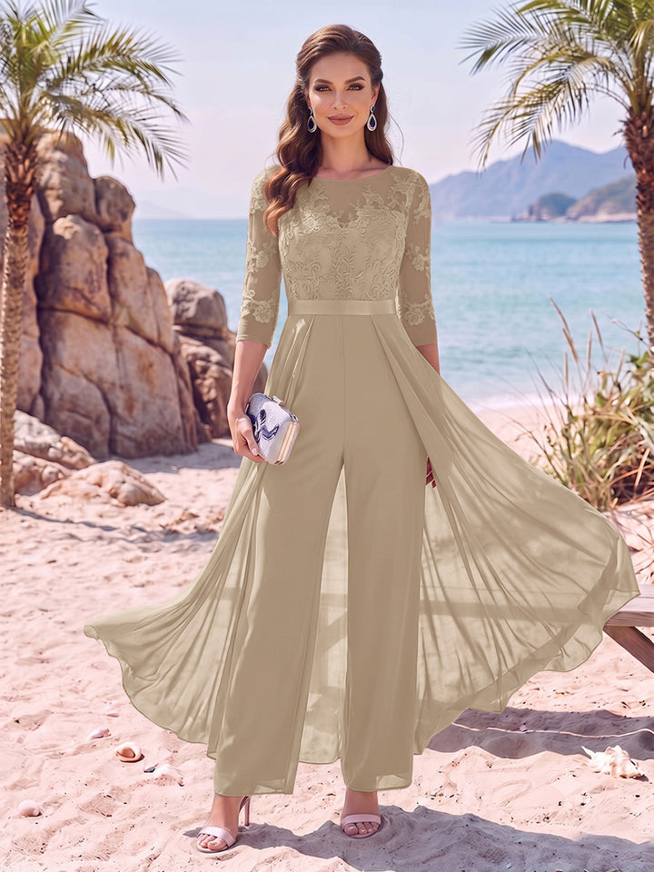 Jumpsuit Scoop Half Sleeves Floor-Length Mother of the Bride Dresses with Applique