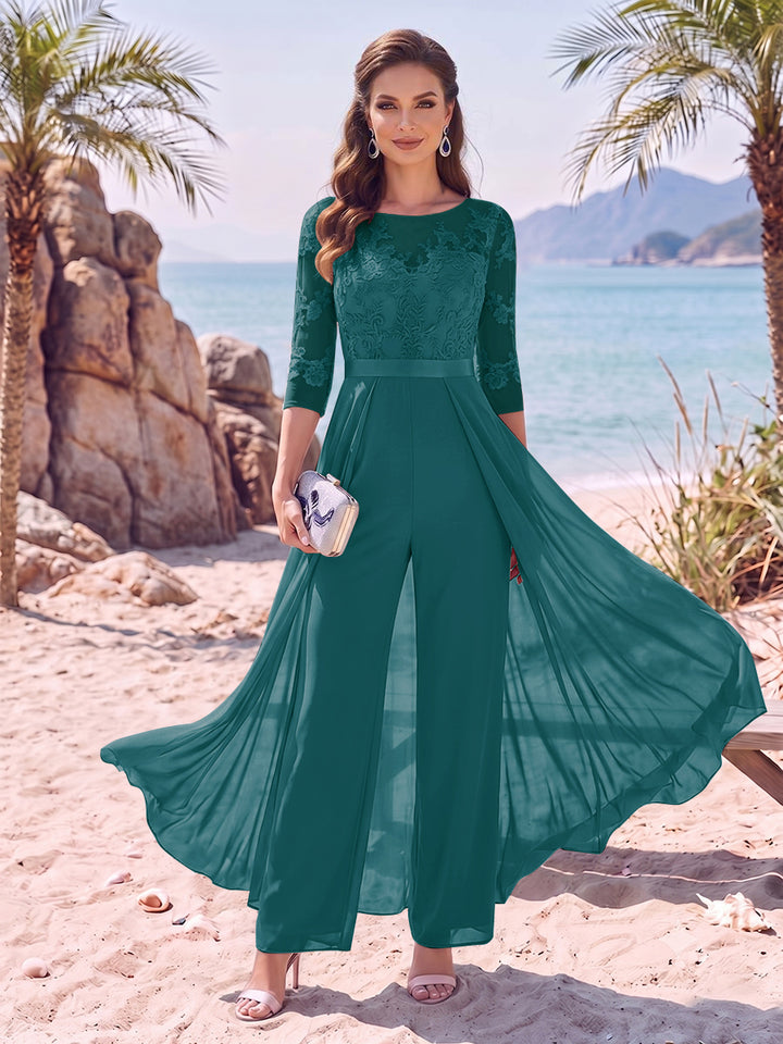 Jumpsuit Scoop Half Sleeves Floor-Length Mother of the Bride Dresses with Applique