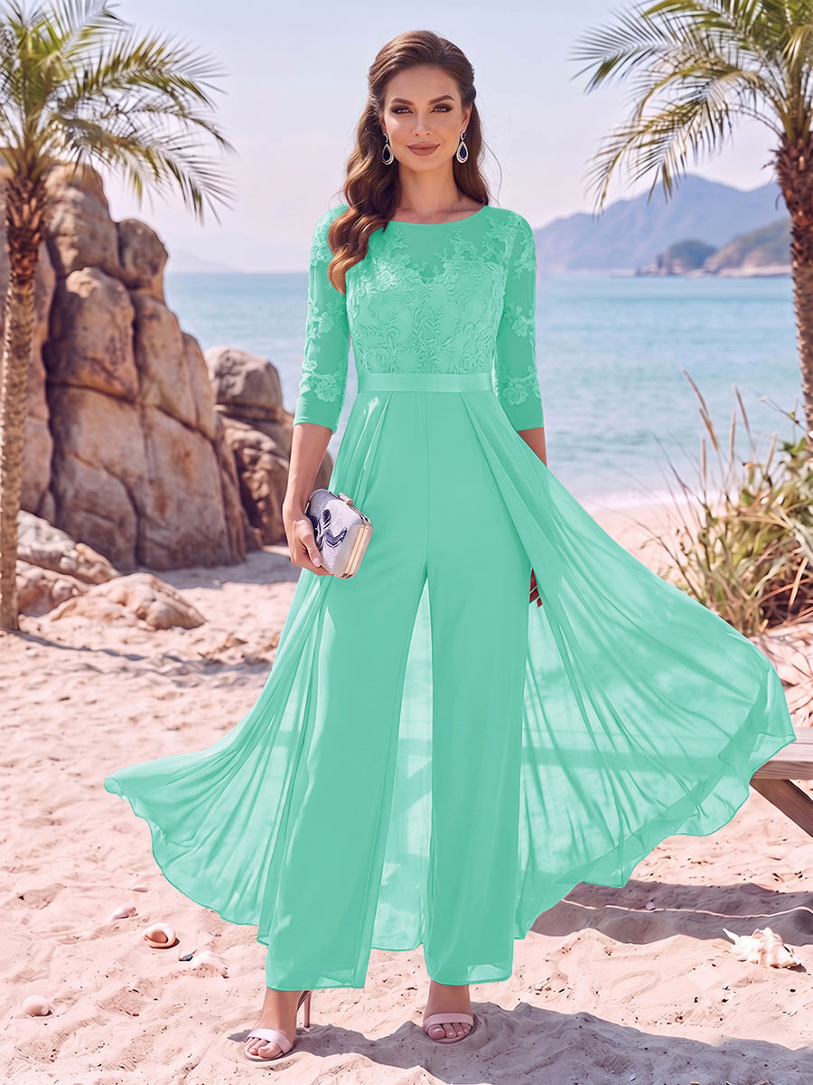 Jumpsuit Scoop Half Sleeves Floor-Length Mother of the Bride Dresses with Applique