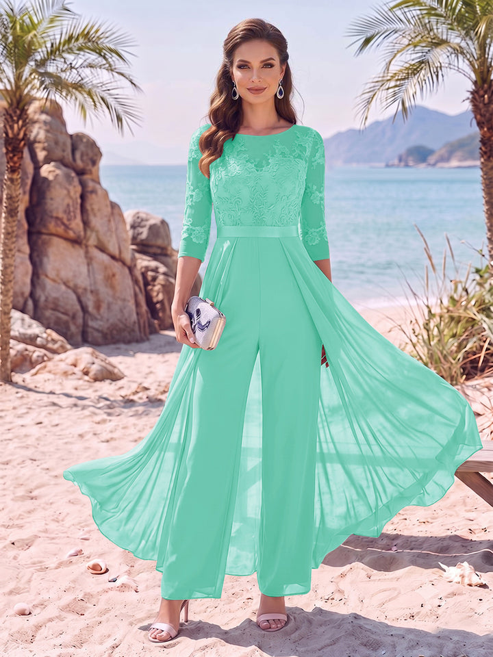 Jumpsuit Scoop Half Sleeves Floor-Length Mother of the Bride Dresses with Applique