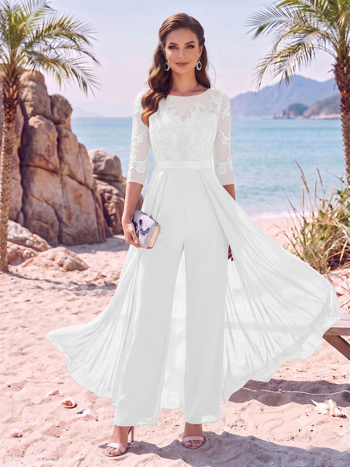 Jumpsuit Scoop Half Sleeves Floor-Length Mother of the Bride Dresses with Applique