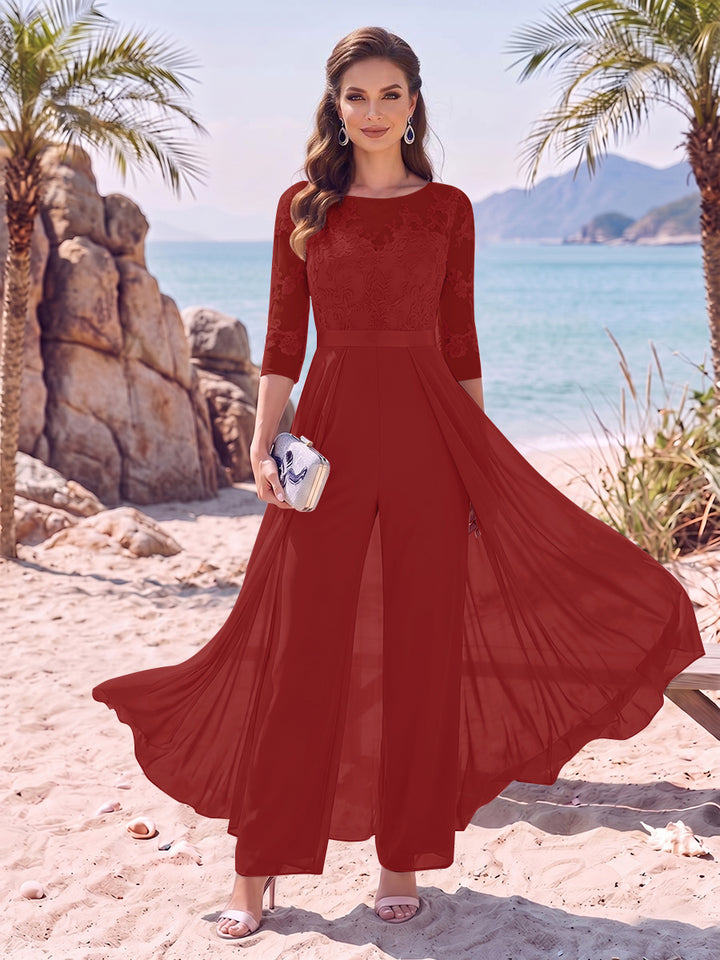Jumpsuit Scoop Half Sleeves Floor-Length Mother of the Bride Dresses with Applique