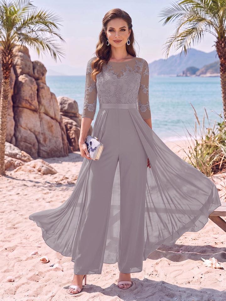 Jumpsuit Scoop Half Sleeves Floor-Length Mother of the Bride Dresses with Applique