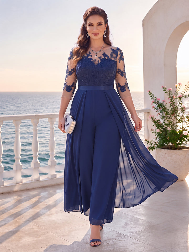 Jumpsuit Scoop Half Sleeves Floor-Length Plus SIze Mother of the Bride Dresses with Applique