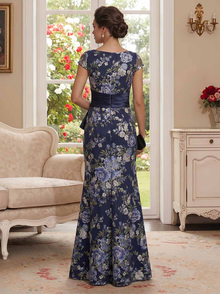 Trumpet/Mermaid Scoop Cap Sleeves Floor-Length Mother of the Bride Dresses with Split Side &amp; Sash