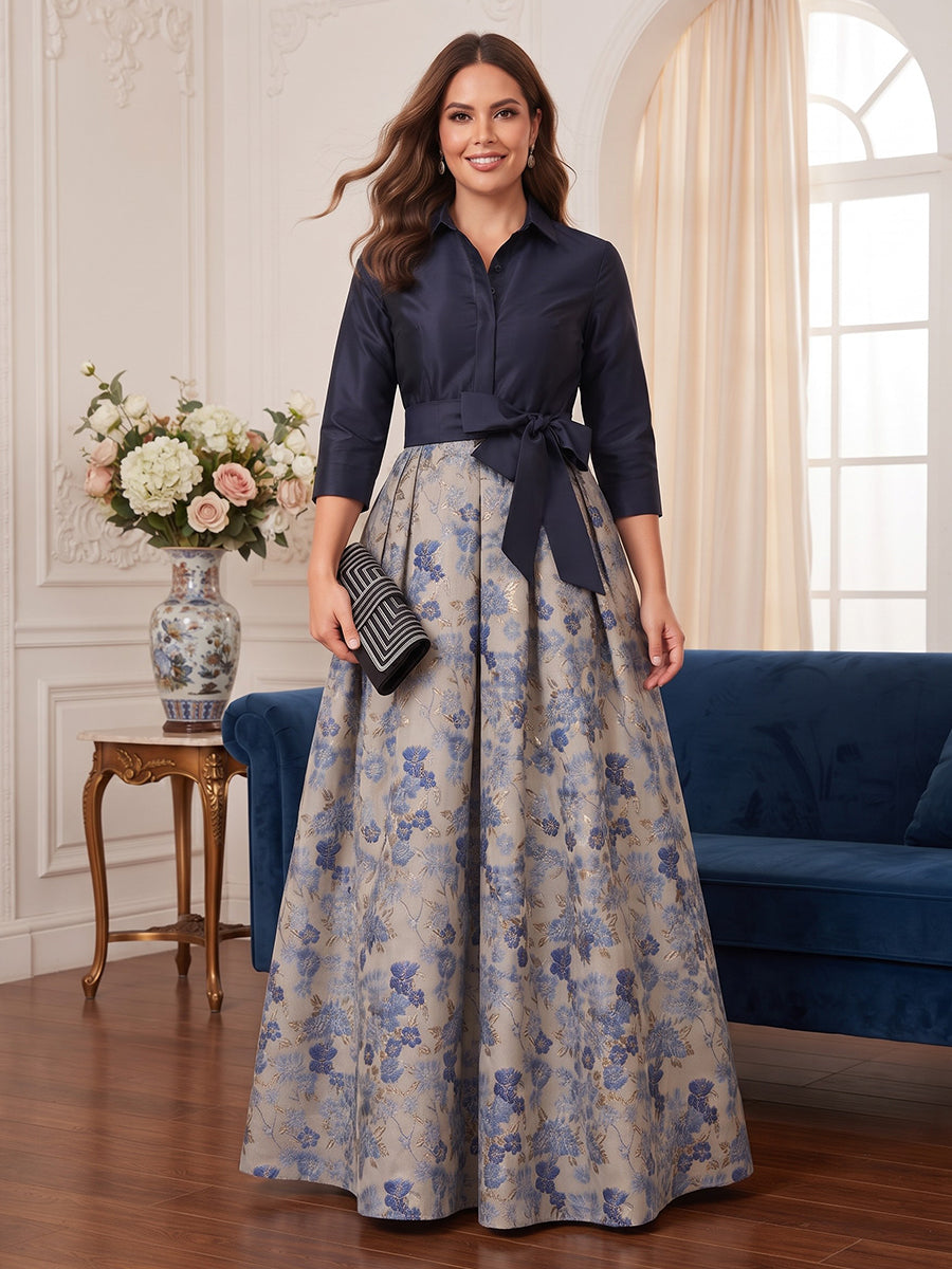 A-Line/Princess Shirt Collar 3/4 Sleeves Jacquard Floor-Length Plus Size Mother of the Bride Dresses with Bowknot