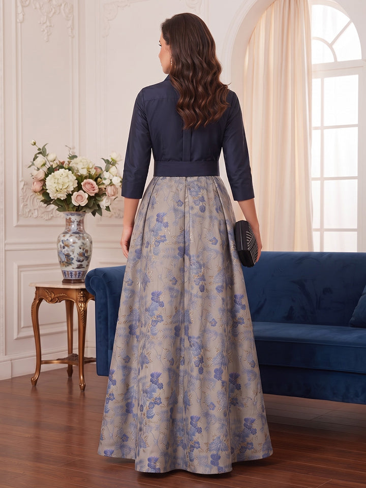 A-Line/Princess Shirt Collar 3/4 Sleeves Jacquard Floor-Length Plus Size Mother of the Bride Dresses with Bowknot