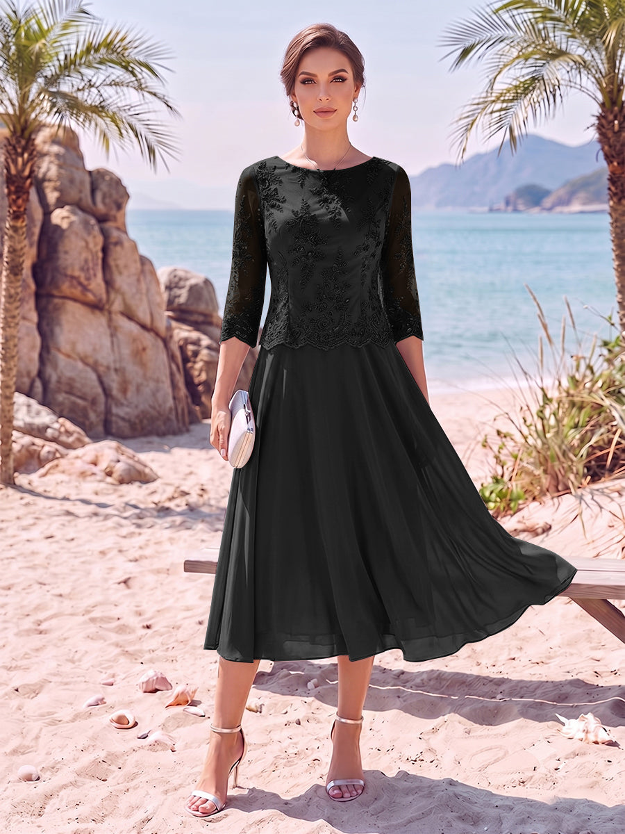 A-Line/Princess Scoop 3/4 Sleeves Knee-Length Mother of the Bride Dresses with Applique