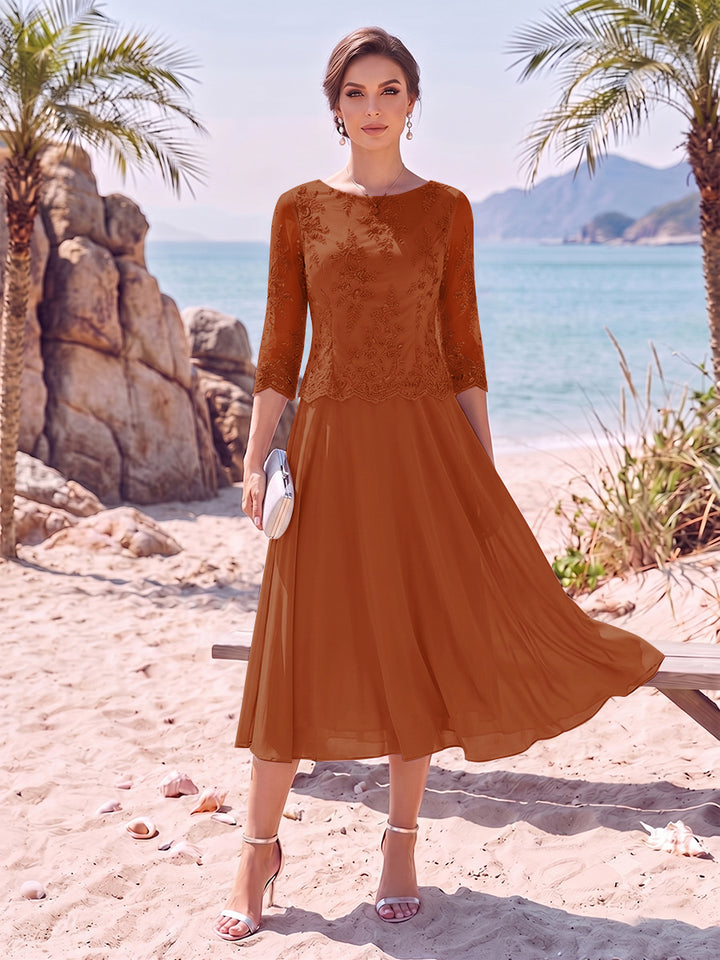 A-Line/Princess Scoop 3/4 Sleeves Knee-Length Mother of the Bride Dresses with Applique
