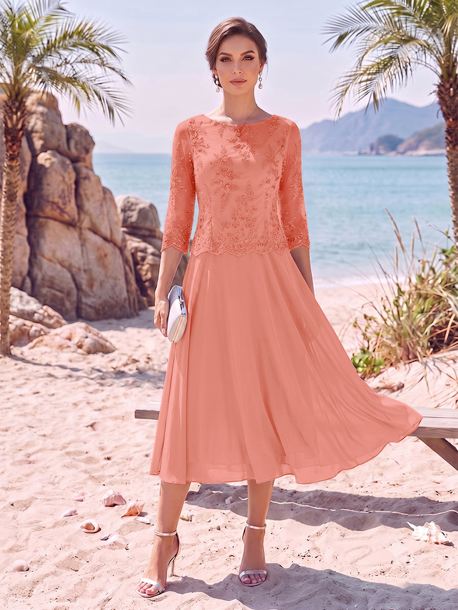 A-Line/Princess Scoop 3/4 Sleeves Knee-Length Mother of the Bride Dresses with Applique