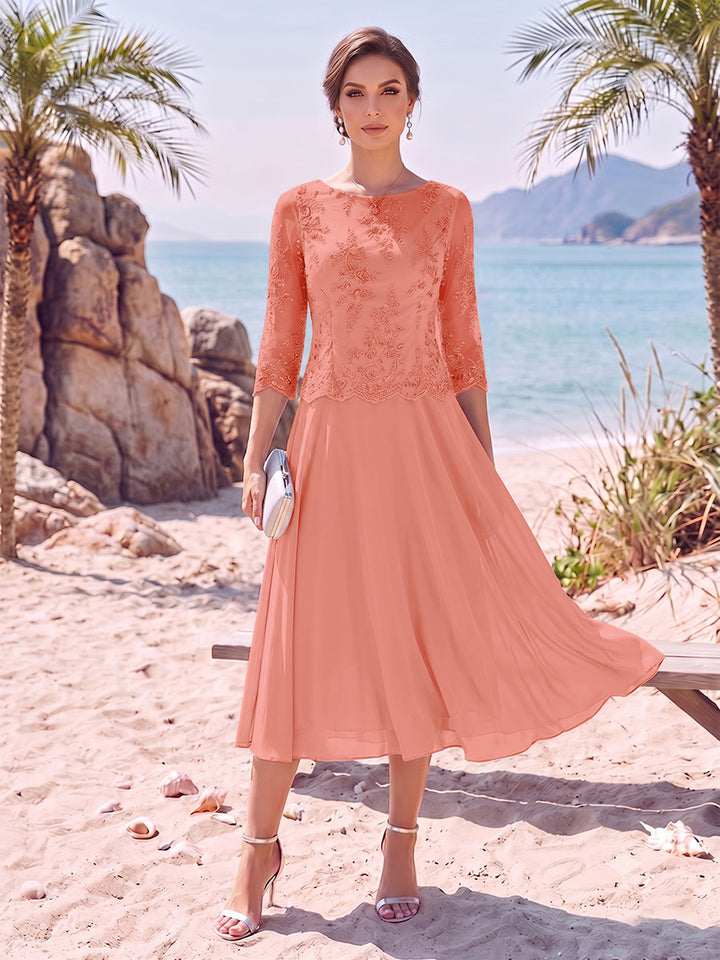 A-Line/Princess Scoop 3/4 Sleeves Knee-Length Mother of the Bride Dresses with Applique