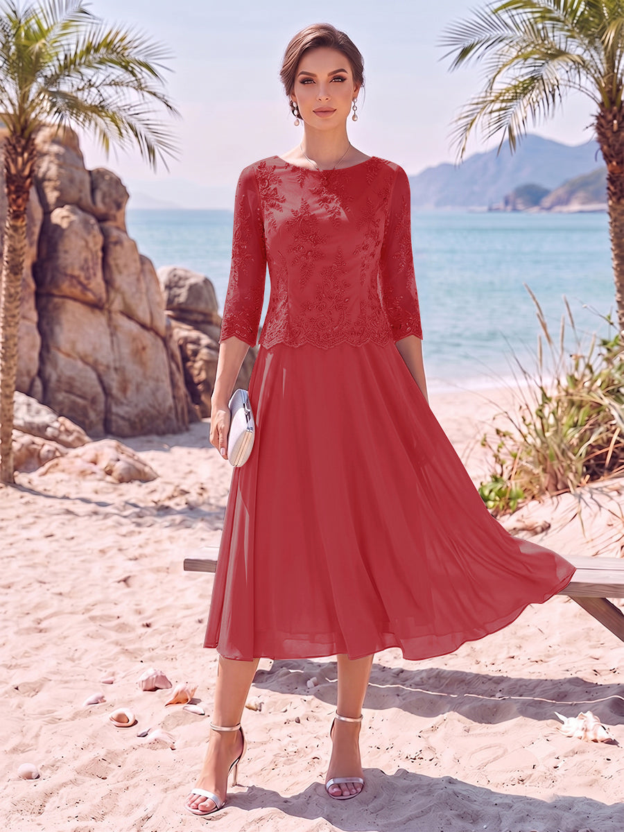 A-Line/Princess Scoop 3/4 Sleeves Knee-Length Mother of the Bride Dresses with Applique