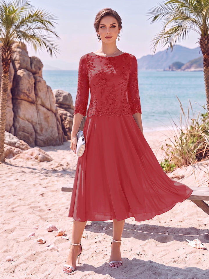 A-Line/Princess Scoop 3/4 Sleeves Knee-Length Mother of the Bride Dresses with Applique