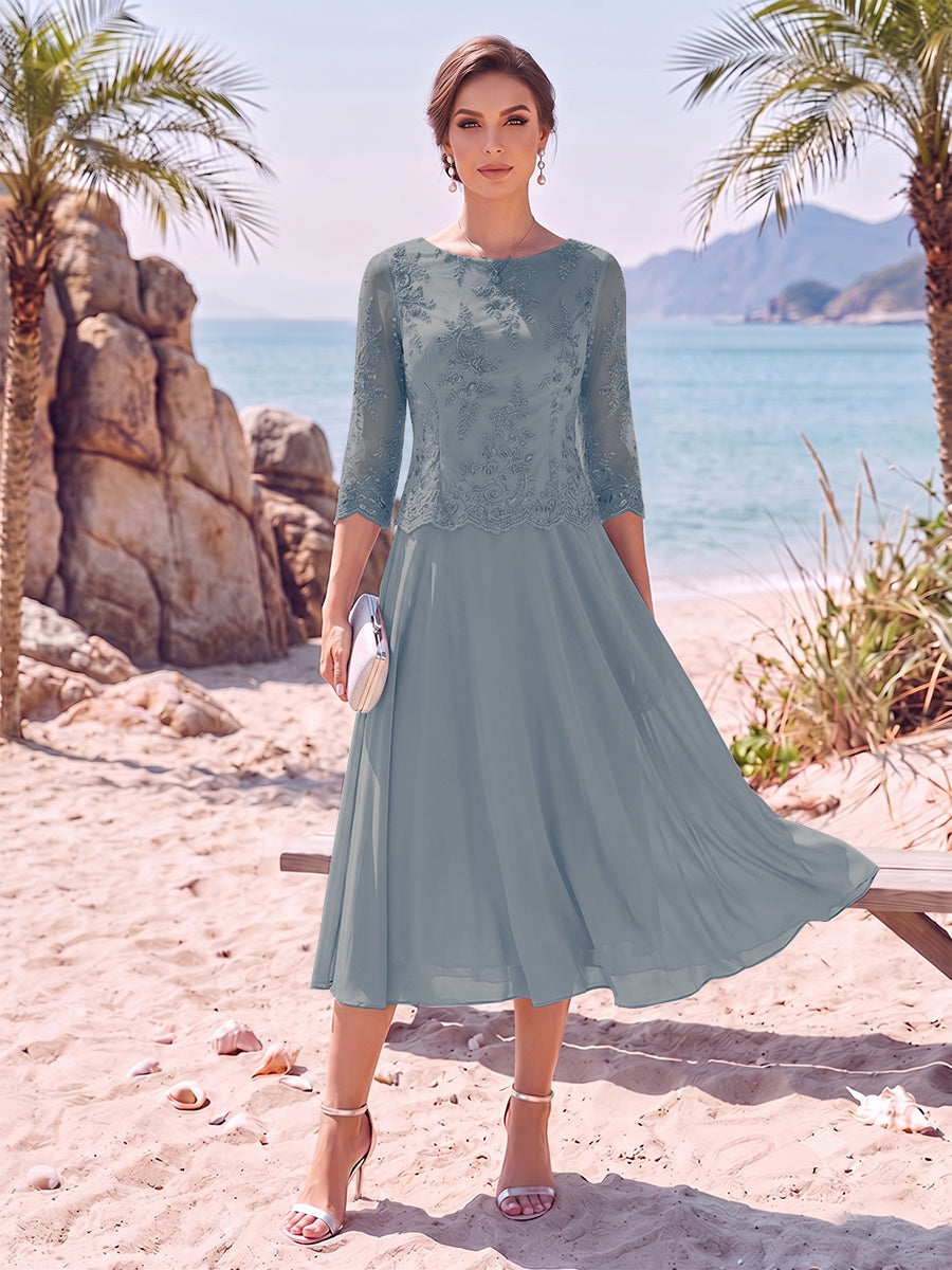A-Line/Princess Scoop 3/4 Sleeves Knee-Length Mother of the Bride Dresses with Applique