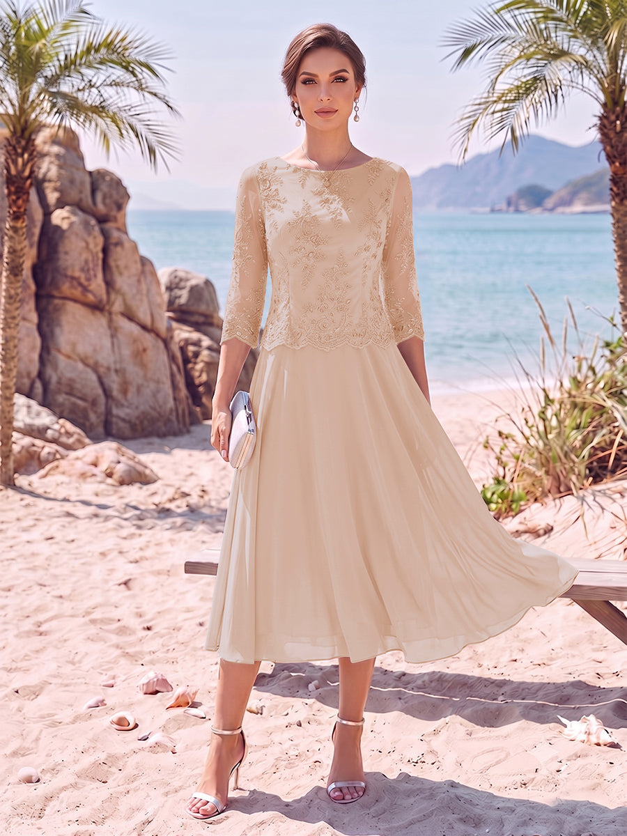 A-Line/Princess Scoop 3/4 Sleeves Knee-Length Mother of the Bride Dresses with Applique
