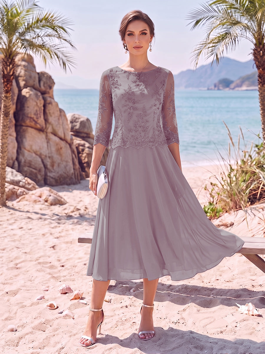 A-Line/Princess Scoop 3/4 Sleeves Knee-Length Mother of the Bride Dresses with Applique