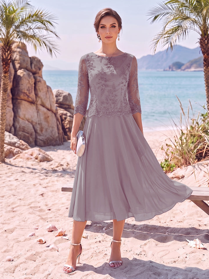 A-Line/Princess Scoop 3/4 Sleeves Knee-Length Mother of the Bride Dresses with Applique