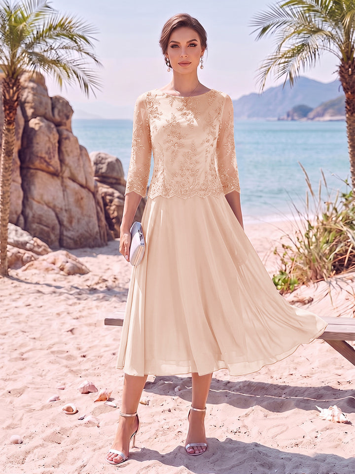 A-Line/Princess Scoop 3/4 Sleeves Knee-Length Mother of the Bride Dresses with Applique