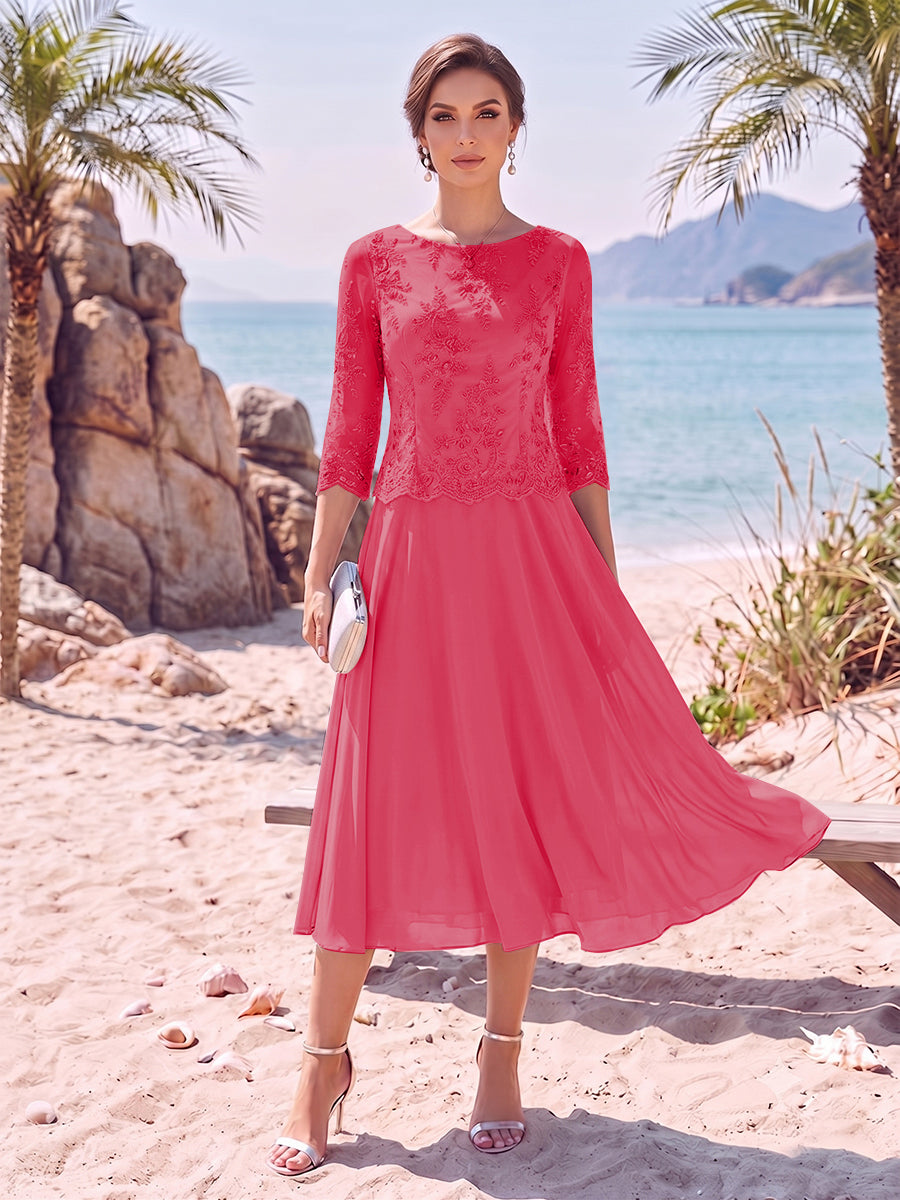 A-Line/Princess Scoop 3/4 Sleeves Knee-Length Mother of the Bride Dresses with Applique