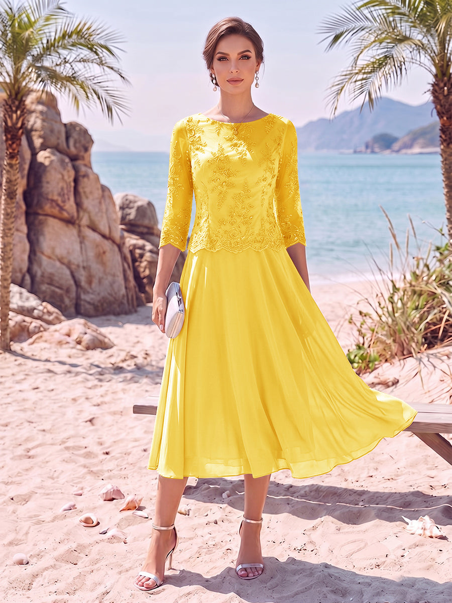A-Line/Princess Scoop 3/4 Sleeves Knee-Length Mother of the Bride Dresses with Applique